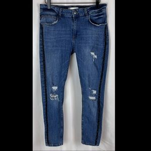Zara Z1975 Distressed Denim Jeans with Black Studded Side Stripe - Size 10